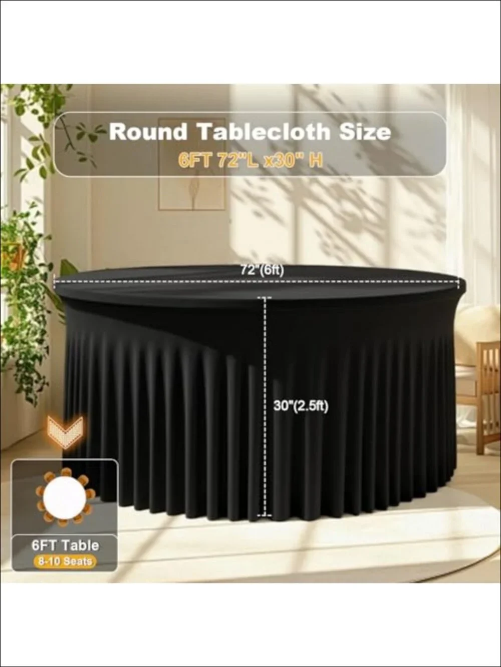 Spandex Round Tablecloth 6FT Stretchy Fitted Table Cover with Skirt